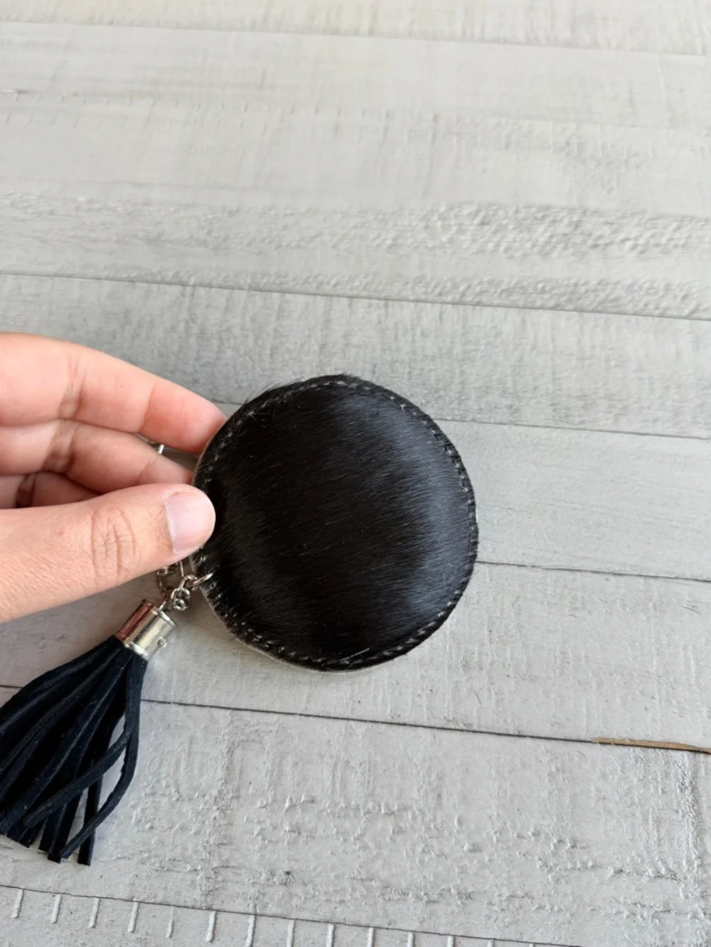 Western Round Cowhide Keychain with Black Tassel